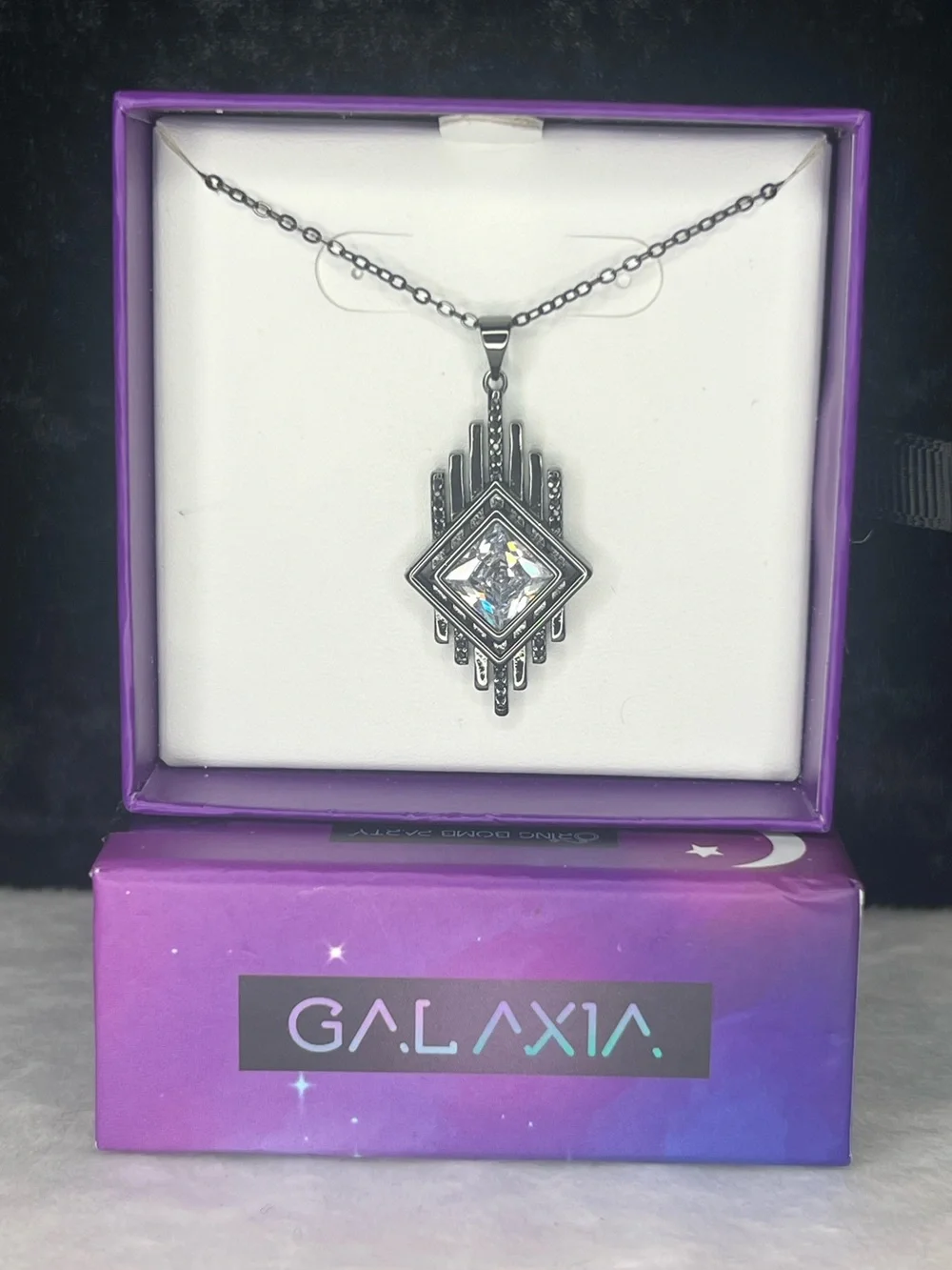Bomb Party Galaxia Supernova Necklace White Topaz Black Onyx Black Gold Plated - Picture 1 of 3